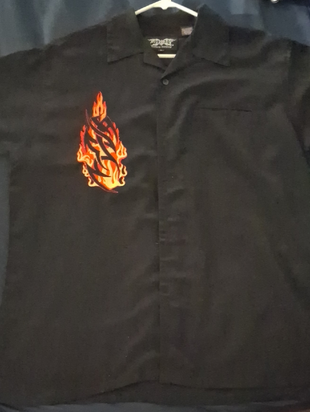 Black Button-Down Casual Shirt with Flame Embroidery